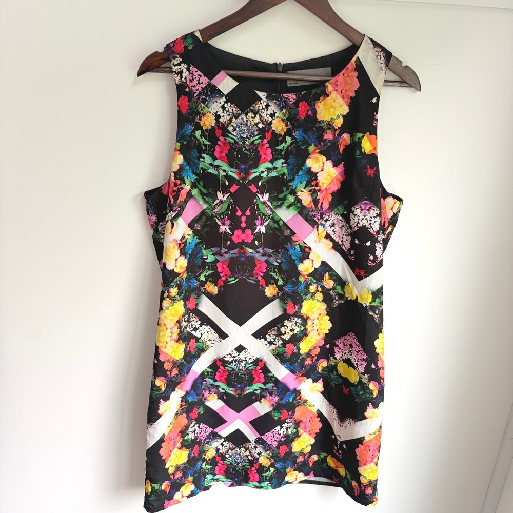 Wells Grace Floral Geometric Shift Dress Large Vibrant Sleeveless Colorful Mini